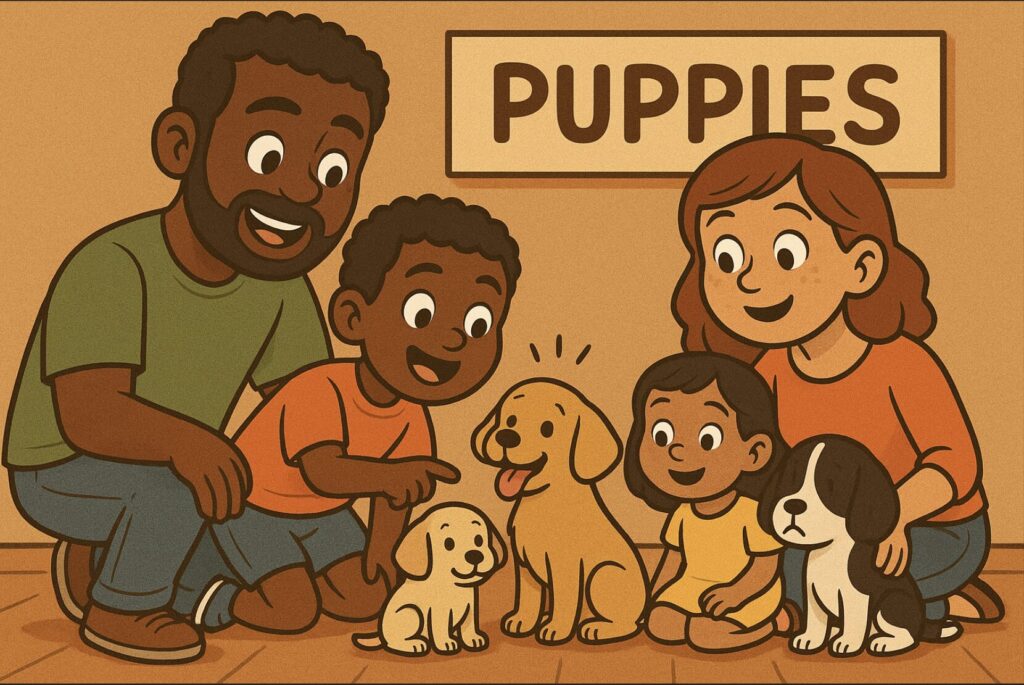 happy family adopting a dog